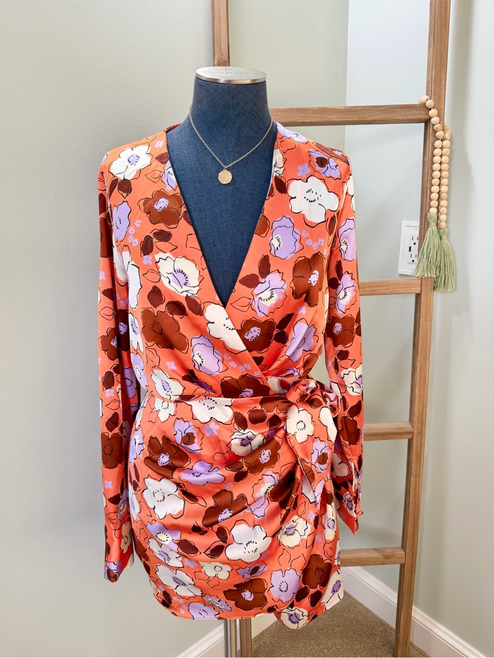 Zara Orange Floral Long Sleeve Satin Faux Wrap Mini Dress Size XS